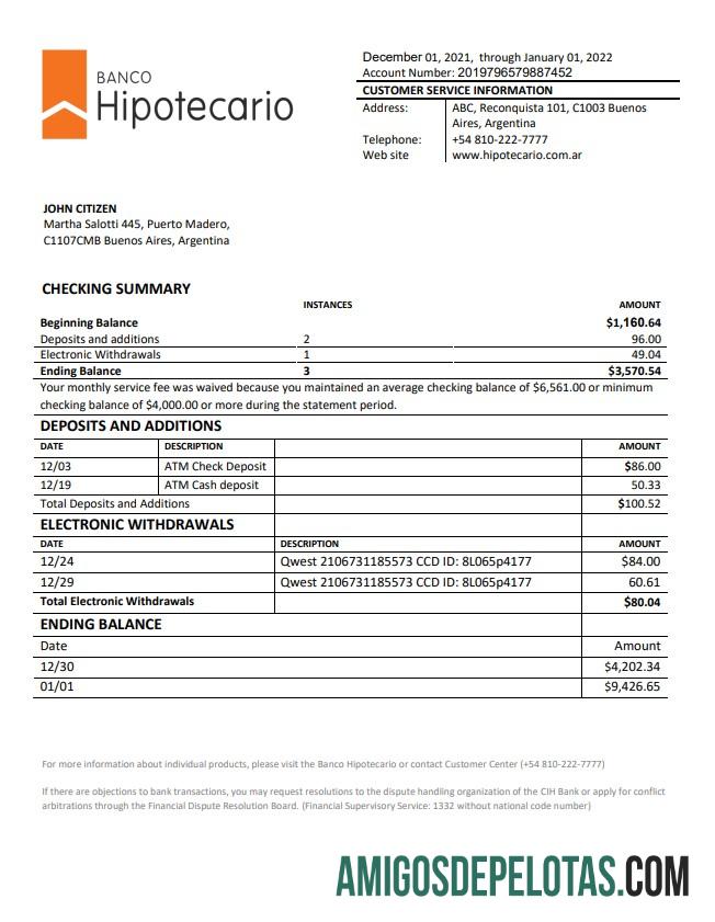 Argentina Banco Hipotecario extrato bancário amostra